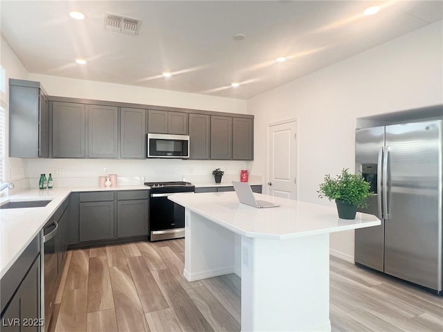 kitchen featuring a center island, light wood-type flooring, sink, and appliances with stainless steel finishes