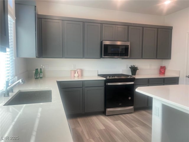 kitchen featuring gray cabinets, sink, light wood-type flooring, and appliances with stainless steel finishes