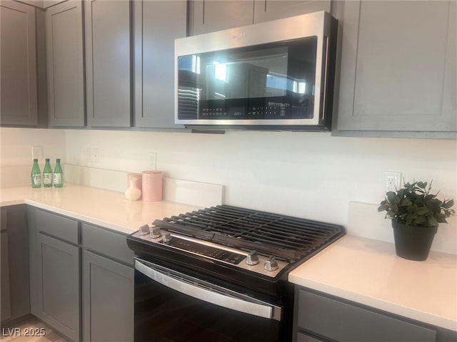 kitchen featuring stainless steel appliances and gray cabinetry