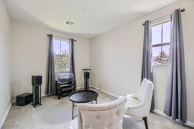 living area featuring light carpet and a wealth of natural light