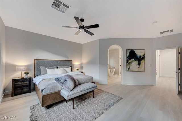 bedroom featuring ceiling fan and light hardwood / wood-style flooring