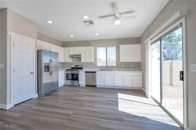 kitchen featuring ceiling fan, sink, white cabinetry, and stainless steel appliances