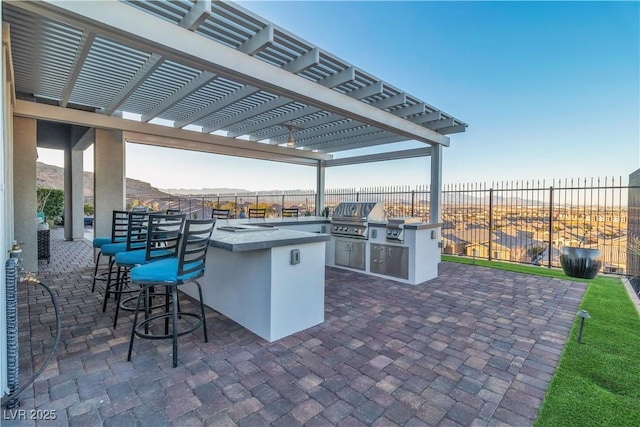 view of patio / terrace with a pergola, grilling area, area for grilling, and exterior bar