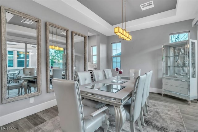 dining area with light hardwood / wood-style floors and a tray ceiling