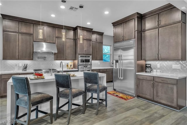 kitchen featuring light hardwood / wood-style floors, decorative backsplash, hanging light fixtures, and appliances with stainless steel finishes