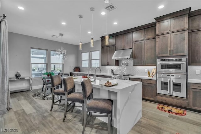 kitchen featuring a breakfast bar, a center island with sink, hanging light fixtures, appliances with stainless steel finishes, and light hardwood / wood-style floors