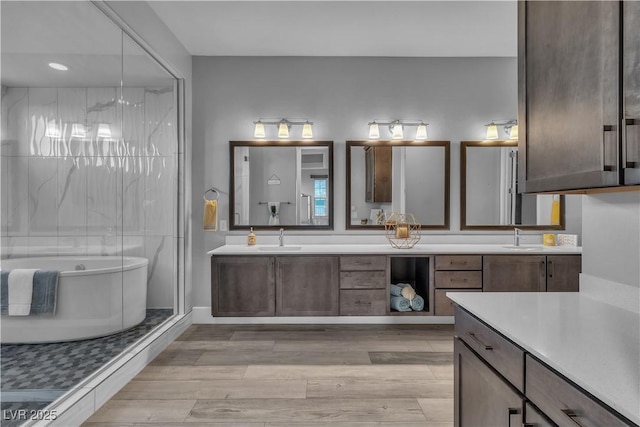 bathroom featuring plus walk in shower, vanity, and hardwood / wood-style flooring