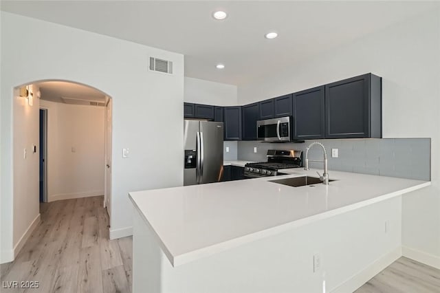 kitchen featuring kitchen peninsula, appliances with stainless steel finishes, decorative backsplash, sink, and light hardwood / wood-style floors