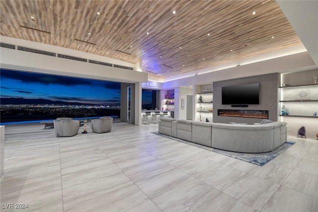 unfurnished living room with wood ceiling