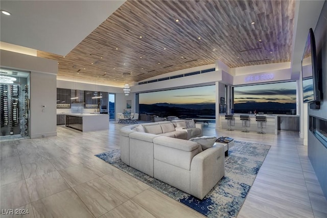 living room with sink and wooden ceiling