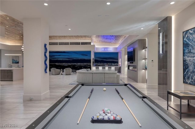 recreation room with light tile patterned floors and billiards