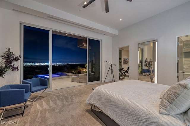 bedroom featuring ceiling fan, access to exterior, ensuite bathroom, and light carpet