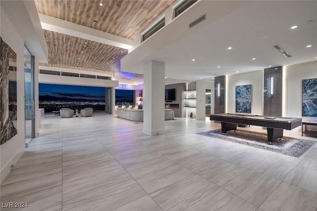 recreation room featuring wooden ceiling and billiards