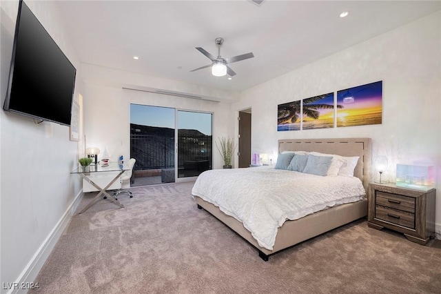 bedroom with access to outside, ceiling fan, and carpet flooring