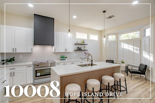 kitchen with white cabinets, sink, stainless steel stove, and an island with sink