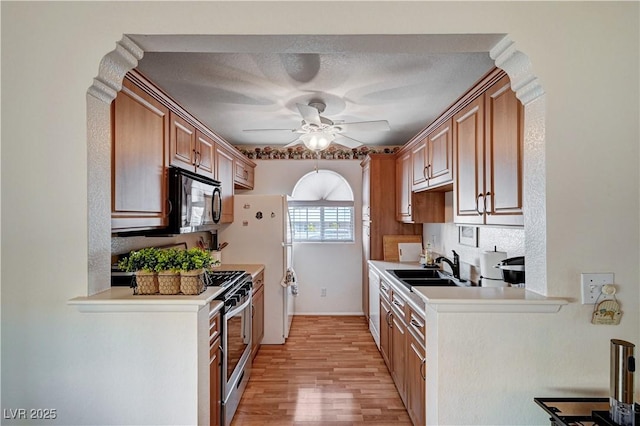 kitchen with ceiling fan, light hardwood / wood-style floors, sink, and gas range