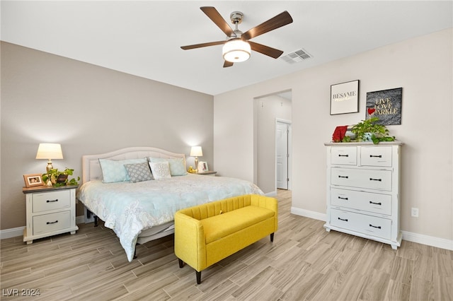 bedroom featuring ceiling fan and light wood-type flooring