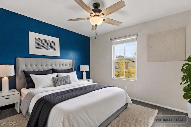 carpeted bedroom featuring ceiling fan