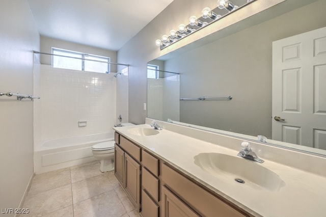 full bathroom with tile patterned flooring, vanity, toilet, and tiled shower / bath