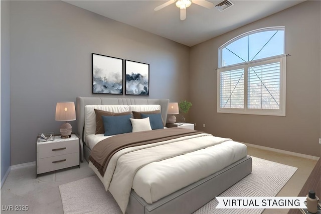 bedroom featuring ceiling fan and light colored carpet