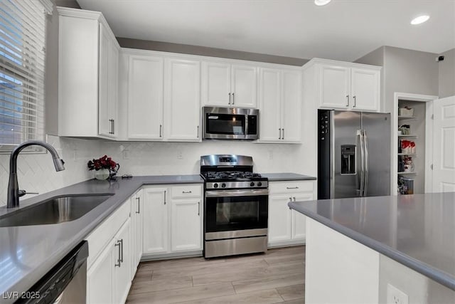 kitchen featuring tasteful backsplash, white cabinetry, sink, and stainless steel appliances