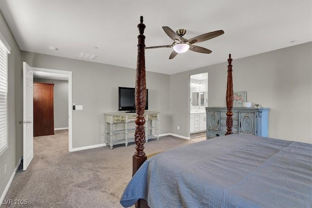 bedroom with connected bathroom, ceiling fan, and carpet