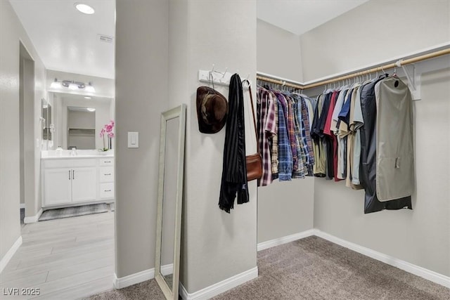 spacious closet featuring light carpet and sink