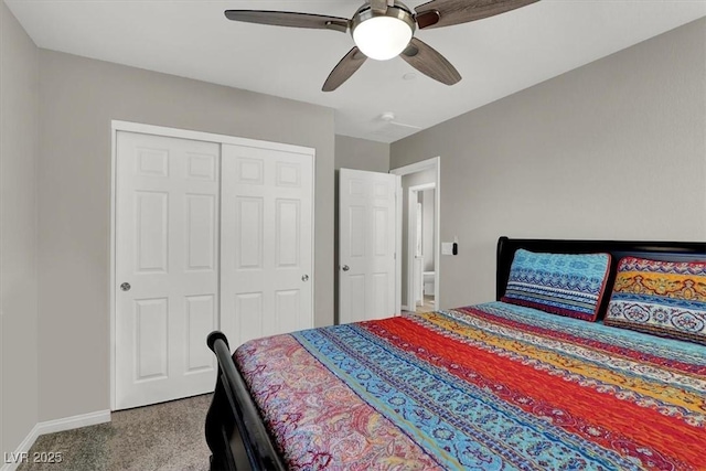 bedroom with carpet, a closet, and ceiling fan