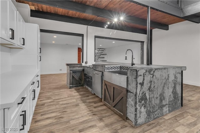 bar featuring white cabinets, light wood-type flooring, beamed ceiling, and wood ceiling