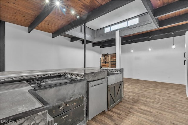 kitchen with white dishwasher, wooden ceiling, decorative light fixtures, and hardwood / wood-style flooring