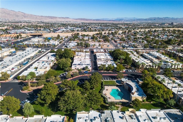 drone / aerial view featuring a mountain view