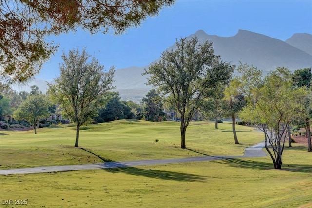 view of community with a mountain view and a yard