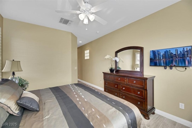 bedroom featuring ceiling fan and light wood-type flooring