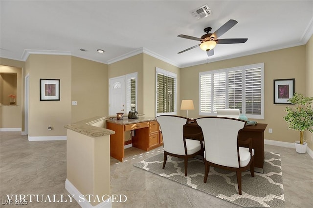 dining area with crown molding, ceiling fan, and light tile patterned floors