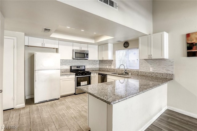 kitchen with a raised ceiling, sink, white cabinets, and appliances with stainless steel finishes