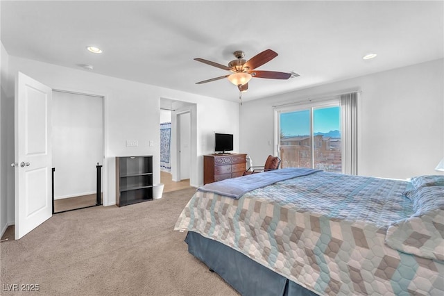 bedroom with access to exterior, light carpet, and ceiling fan