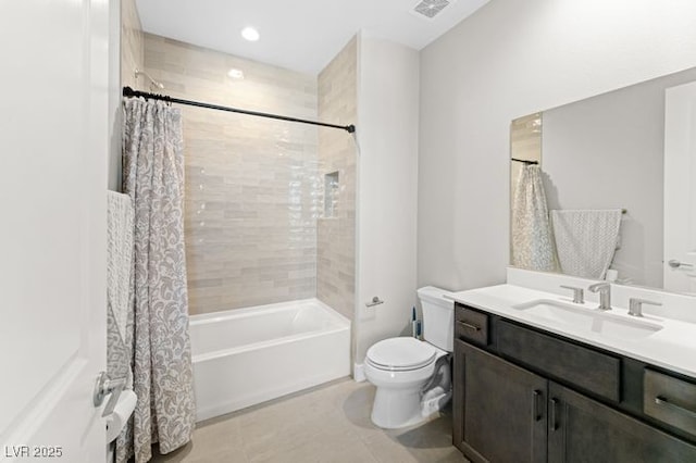 full bath with tile patterned flooring, toilet, vanity, visible vents, and shower / bath combo