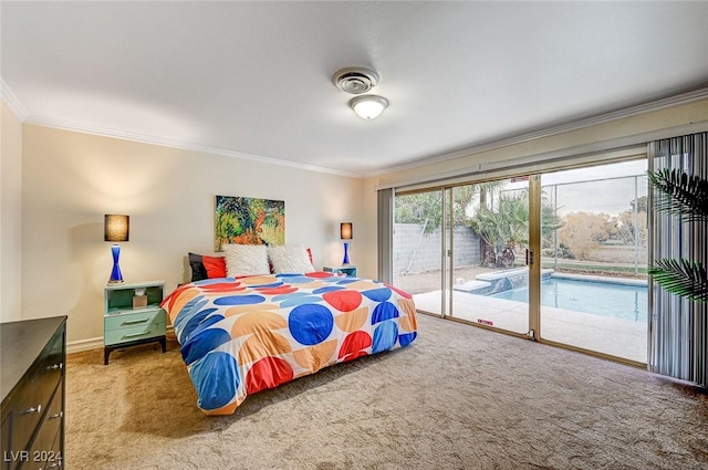 bedroom featuring ornamental molding, carpet floors, and access to outside