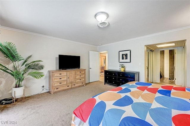 bedroom featuring light carpet and ornamental molding