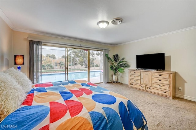 carpeted bedroom with access to outside and crown molding