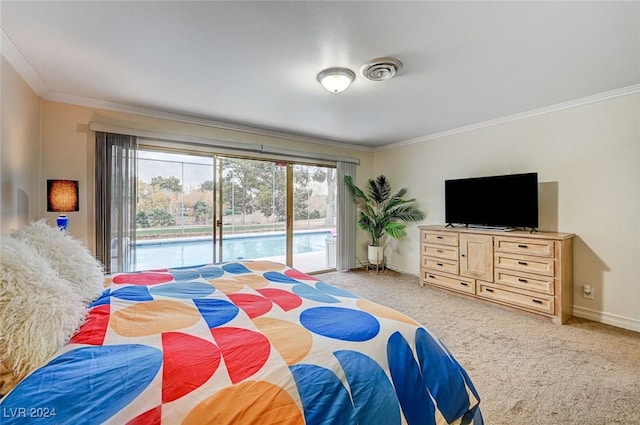 bedroom featuring baseboards, visible vents, ornamental molding, access to outside, and carpet flooring