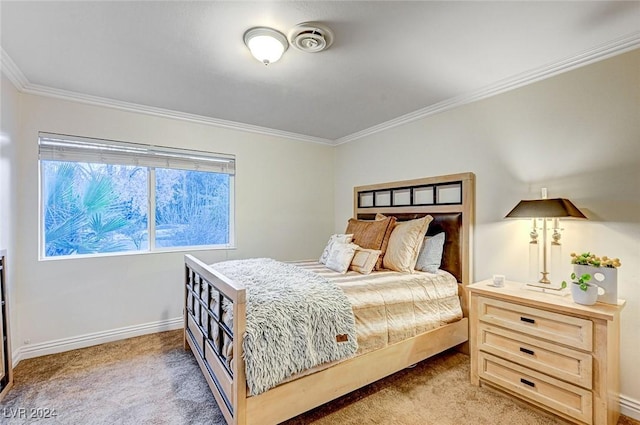 bedroom with crown molding and light colored carpet