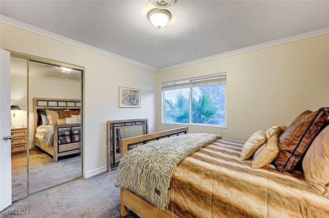 carpeted bedroom with a closet, baseboards, and ornamental molding