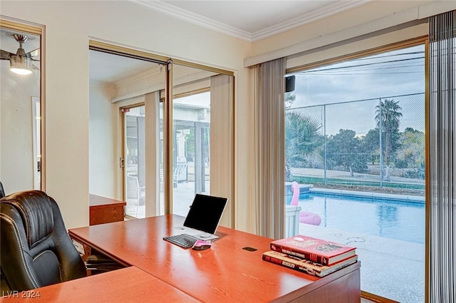 home office with ornamental molding