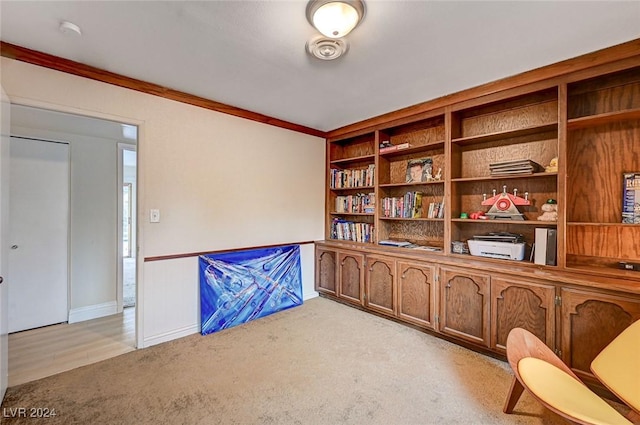 office area featuring light carpet, built in features, and ornamental molding