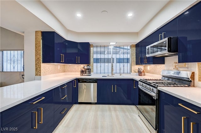 kitchen with a sink, blue cabinets, tasteful backsplash, and stainless steel appliances