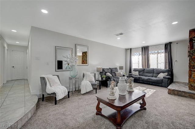 living room featuring light colored carpet