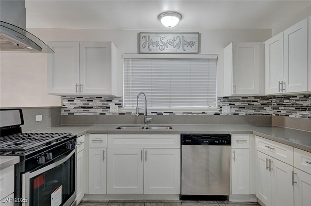 kitchen featuring island exhaust hood, backsplash, stainless steel appliances, sink, and white cabinets