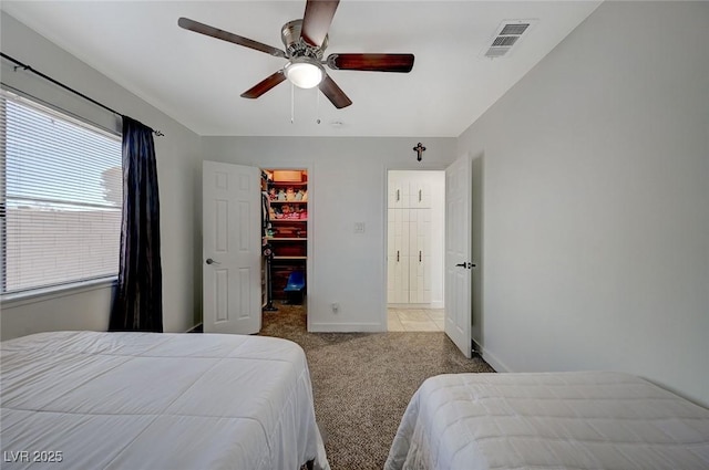 bedroom featuring a walk in closet, ceiling fan, a closet, and light carpet