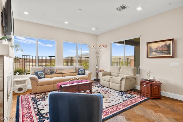 living room featuring light parquet flooring